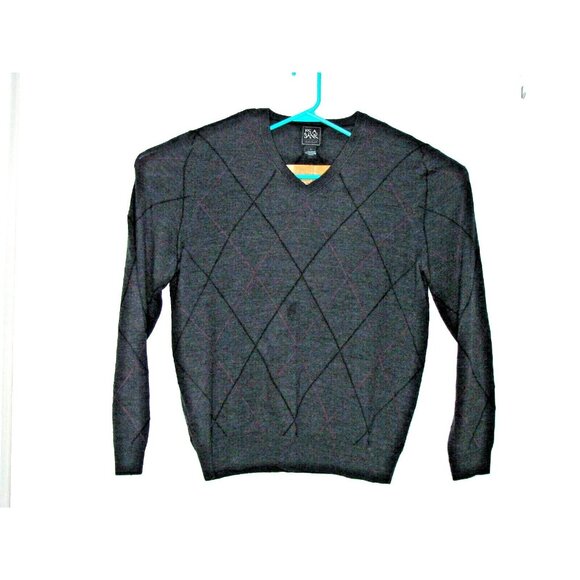 Jos. A. Bank Traveler Sweater Mens L Merino Wool V Neck Gray Black Maroon Stripe - Picture 2 of 10